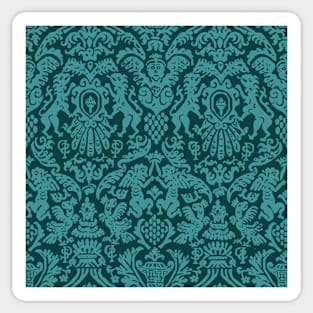 Aqua Teal on Ocean Blue Green Weird Medieval Lions, Cherubs, and Skulls Scrollwork Damask Sticker